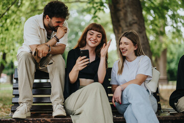 Three friends sitting on a park bench, sharing a lighthearted moment while laughing and enjoying their time together, surrounded by lush green trees and natural scenery.