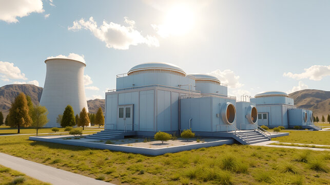 concept of a SMR small modular nuclear reactor power plant on a sunny day. SMR is a future energy concept. 3d rendering.