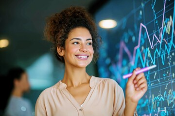 Young confident businesswoman presenting data analysis on large digital screen with colorful graphs. Smiling female analyst or marketing professional during corporate meeting or financial report.