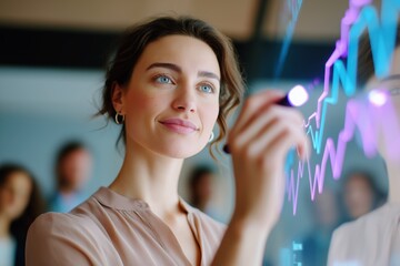 Confident young businesswoman analyzing growth charts on interactive screen. Professional female team leader in modern office using digital tools for data visualization and project planning