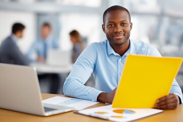 Smiling African American businessman holding yellow folder in modern office. Confident young manager working with financial reports, laptop, and team in background. Positive corporate portrait