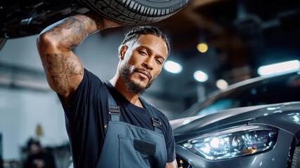 Portrait of a car mechanic. A man in a work uniform looks at the camera, next to him is a car and a tire. Shot for advertising car services and repairs.