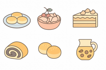 Assorted flat style desserts and drinks on artistic background
