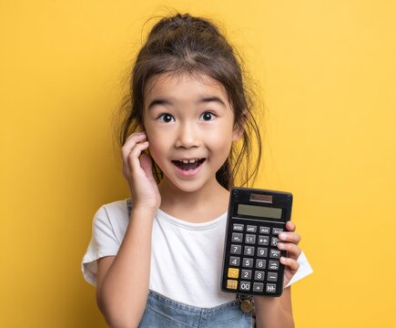A young girl with an expressive face holds a calculator against a bright yellow background, radiating excitement and curiosity.