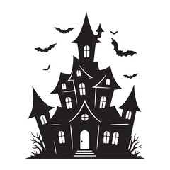 Haunted House Silhouette with Flying Bats Vector Illustration, Halloween Silhouette