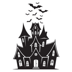 Haunted House Silhouette with Flying Bats Vector Illustration, Halloween Silhouette