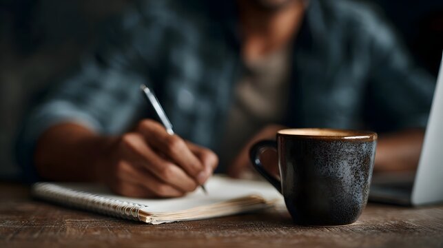 Person writing notes in a spiral notebook with a pen a cup of coffee and a laptop on a rustic wooden desk highlighting focused work and study