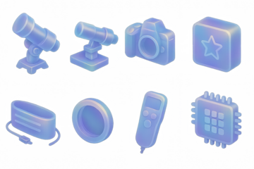 Trendy 3d neon technology icons: telescope, camera, remote, and more