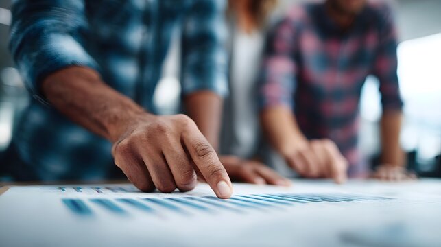 Coworkers are intently analyzing a detailed sales report with graphs and charts collaborating closely during a business meeting in a bright modern