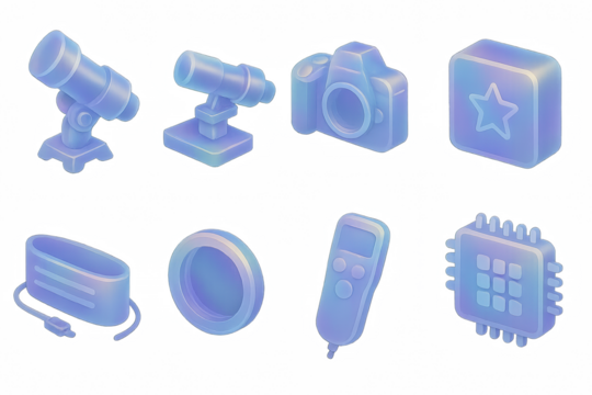 Trendy 3d neon technology icons: telescope, camera, remote, and more