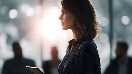 Confident businesswoman stands in profile presenting with a digital tablet in hand during a brightly lit professional office meeting with a blurred