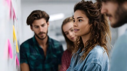 Young diverse team brainstorming new ideas collaborating and discussing strategies using colorful sticky notes on a whiteboard in a modern office