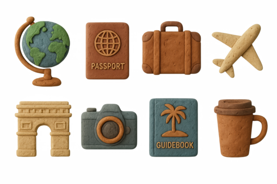 Travel icons in clay art style: globe, passport, suitcase, plane, camera, coffee