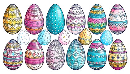 Colorful decorative Easter eggs in various patterns