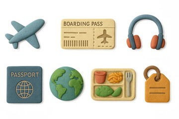 Clay travel icons featuring airplane, boarding pass, passport, globe, headphones, meal, and luggage tag