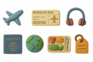 Clay travel icons featuring airplane, boarding pass, passport, globe, headphones, meal, and luggage tag