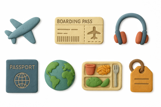 Clay travel icons featuring airplane, boarding pass, passport, globe, headphones, meal, and luggage tag