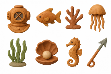 Clay underwater world: marine life collection with diver helmet and coral