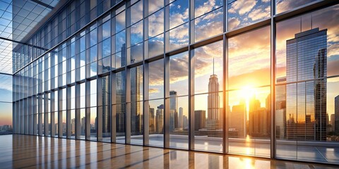 Plakat Modern office building with glass windows at sunset