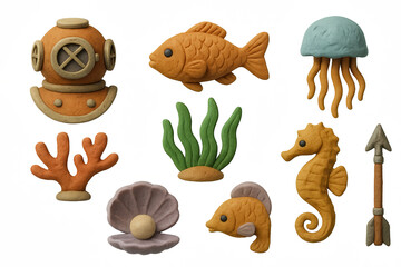 Colorful clay marine life: fish, coral, jellyfish, and more