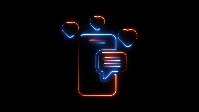 Neon glowing smartphone icon with chat bubble and hearts animated on black background representing social media - Powered by Adobe