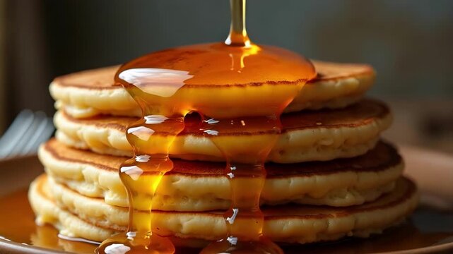 stack of pancakes with honey