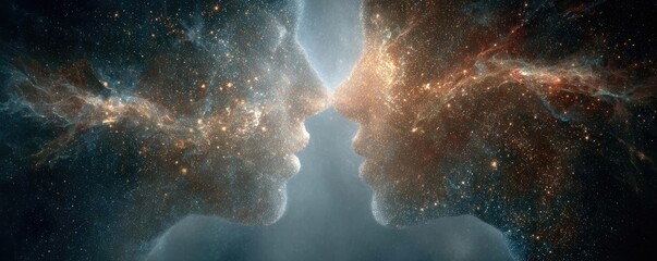 Eternal love shared by cosmic souls concept. A cosmic intertwining of human faces conveying deep emotion.