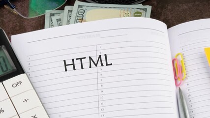 Animation of HTML text. A workspace setup highlights technology concepts, business strategies, and animation ideas, emphasizing organization and planning for success