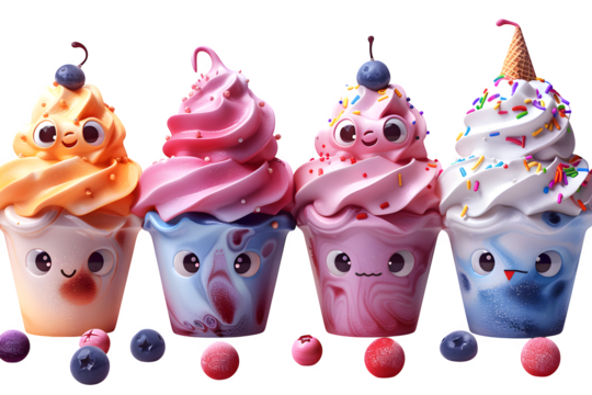 Cream Isolated Transparent Background Set Gourmet Ice Bowls Styled Kids Each Decorated Candy Copy Space Template Branding Social Media Poster Banner Marketing Ecommerce Web Print SEO Optimized