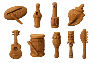 Clay musical instruments set: percussion and wind craft objects in realistic 3d design