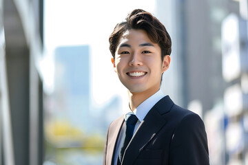 都市の街並みを背景にした日本人若手ビジネスマンのポートレート