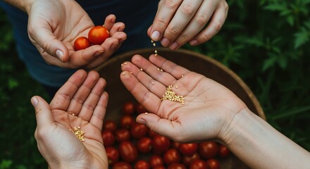 Hands holding cherry tomatoes and seeds demonstrating seed saving practice for sustainable gardening. Organic farming and food security concept banner