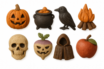 Creepy halloween clay art featuring pumpkins, skulls, and festive icons
