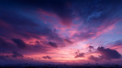 Fototapeta premium A breathtaking twilight sky painted with vibrant hues of pink purple and blue stretches dramatically above a distant silhouetted city skyline