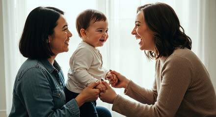 Happy lesbian couple with baby enjoying family time together at home. Same sex parents with infant child showing love and care. LGBTQ family and parenting concept for banner