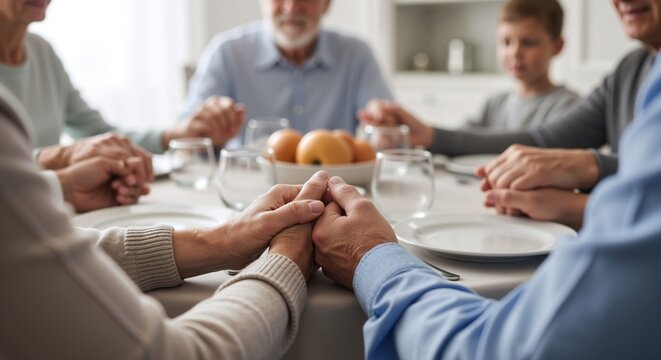 Family members holding hands around dining table during prayer before thanksgiving meal. Gratitude and spiritual tradition concept banner