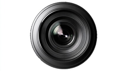 Close-up of a black camera lens, showcasing its circular shape, concentric rings, and a central, dark aperture.  The lens appears high-quality and professional
