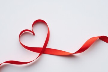 Stunning red ribbon forms a classic heart shape on a clean white background, perfect for love and care themes.