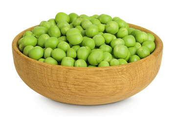 Fresh green peas in wooden bowl isolated on white background