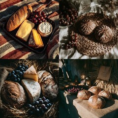 Four panels of assorted cheeses, breads, and grapes, set on rustic surfaces