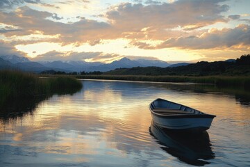 Sunset over mountain lake with reflections