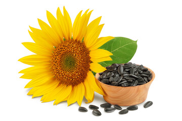 Obraz premium Sunflower with seeds in wooden bowl isolated on a white background