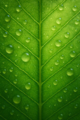Vibrant Green Leaf Macro: Water Droplets on Lush Foliage, Natural Texture, Freshness