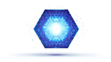 A luminous blue hexagonal core, radiating energy, features intricate inner circuitry and a bright white center, set against a stark white background with subtle shadowing