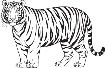 Obraz premium Bengal Tiger Line Art – Black and White Side Profile Illustration, Striped Minimalist Design on White Background 