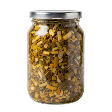 Photo of a glass jar filled with chopped pickled vegetables, isolated on a transparent background, showcasing a preserved food item ready for consumption or storage