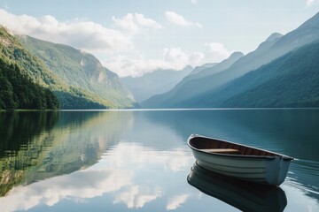 Obraz premium Small boat floating on mountain lake