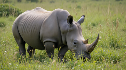 Obraz premium A De horned Rhino to avoid poachers from poaching her in the wildlife reserve as she is an endangered specie. Feeding gracefully in the long grass after the rainy season