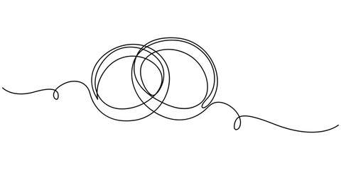 Obraz premium Wedding rings continuous one line drawing. Hand drawn proposal engagement and love marriage concept, Black isolated on white background. minimalism design, Hand drawn vector illustration, Wedding ring