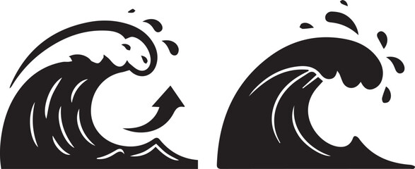 Black Silhouette Vector Graphics of Two Crashing Ocean Waves with Spray and an Upward Arrow Icon water